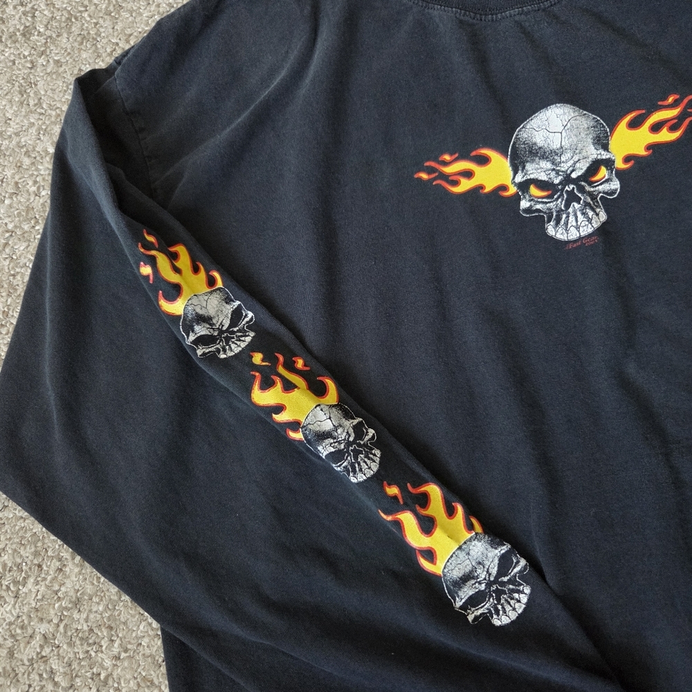 Vintage Y2K Grunge Flaming Skull Fire Goth Long Sleeve Tshirt XXL Gildan Heavywe - Picture 12 of 13